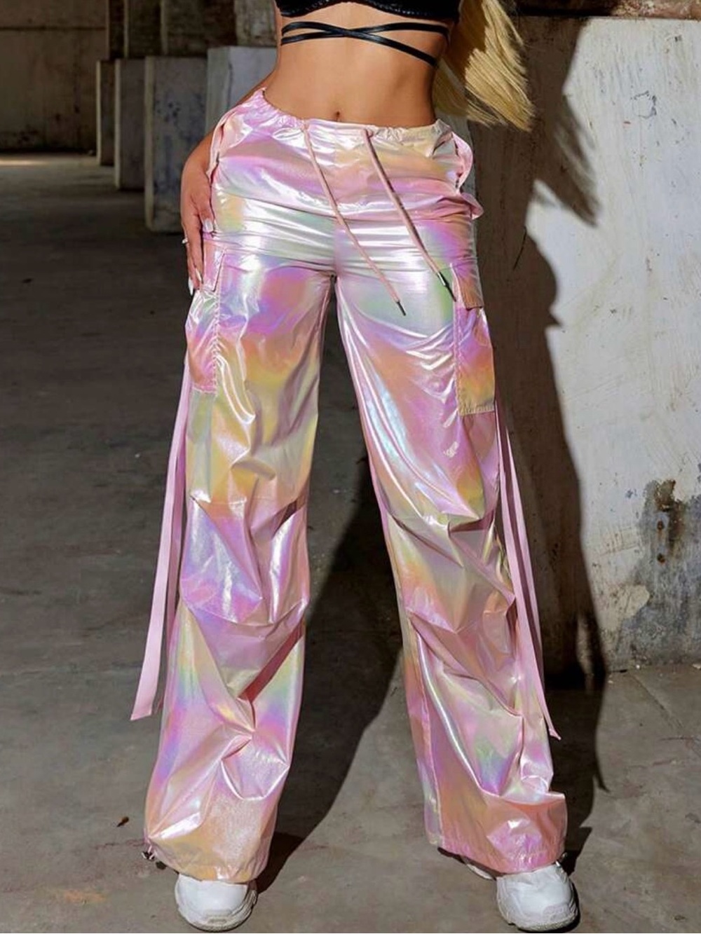 Y2K Iridescent Pink Cargo Wide-Leg Pants